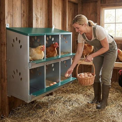 6 Compartment Metal Chicken Nesting Box with Roll Away Egg Collection 32×16×25in,Wall Mountable Large Hen Laying Box with Vented Holes,6 Houses Coop Roosting Boxes Fit for Different Poultry Breeds - size: 32×16×25in
