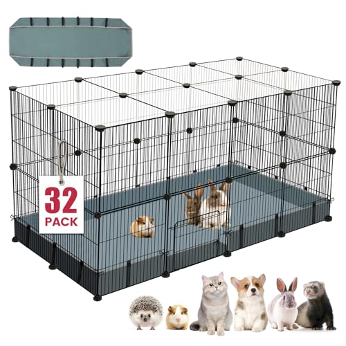 32 Panels Small Animal Playpen,47.5" x 23.7" x 31.5" Pet Playpen with Upgrade Waterproof Mat,C&C Cage for Guinea Pigs, Rabbit/Bunny Cage, Bunny/Puppy Play Pen, Indoor Outdoor Portable Metal Fence - color: 47.5"L x 23.7"W x 31.5"H, style: 32 Metal Panels