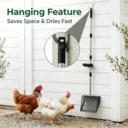 TOOGE Large Chicken Poop Scooper: 2-in-1 Metal Pooper Scooper & Rake Adjustable 62" Long Handle Stainless Steel Sand Sifting Litter Shovel Chicken Coop Scoop Cleaning for Bedding Goats Bright Black - color: Bright Black