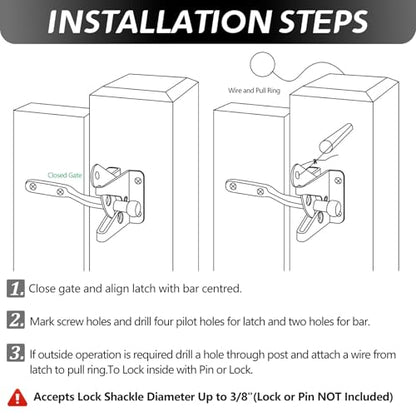 Self-Locking Gate Latch for Wooden Fence Heavy Duty, Automatic Gravity Lever Gate Latches with Longer Fasteners & Pull String for Garden, Outdoor Farm Garden Yard