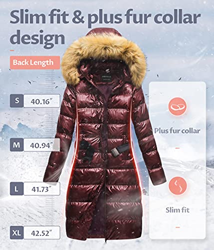 CREATMO US Women's Long Winter Faux Fur Coat Puffer Warm Jacket with Detachable Hood - color: Shine Wind Red, size: Medium