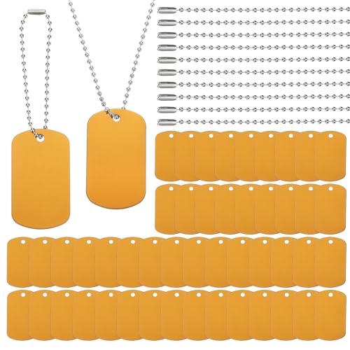 PATIKIL 100 Pcs Blank Dog Tags Set, Including 50 Pcs Aluminum Metal Stamping Rectangle Label 50 Pcs Ball Steel Chain for DIY Decor Laser Engraving Necklace, Gold Tone - color: Gold Tone