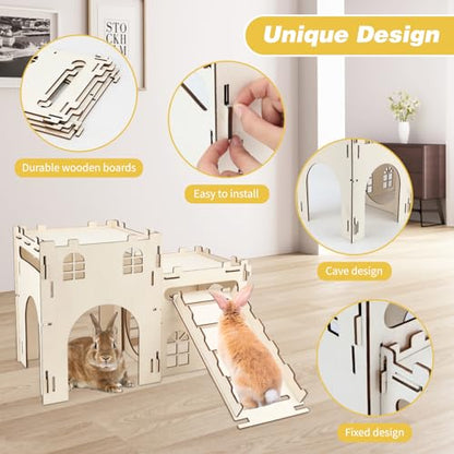 BWOGUE Extra Large Wooden Bunny Castle Hideout Split Balcony for Indoor Bunnies, Multistory Climbing Tower Hideout with Stairs, Ventilated Sturdy House for Rabbits Guinea Pigs and Chinchillas - style: 2 House and 1 Ladder