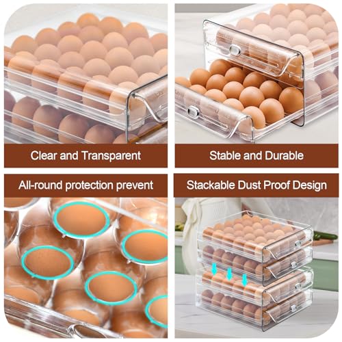 Egg Holder for Refrigerator,60 Eggs Clear Drawer Organizer,2 Layer Stackable Egg Holder Egg Trays,Egg Storage Container with Time Scale for Fridge Countertop Cabinet - size: 60 eggs