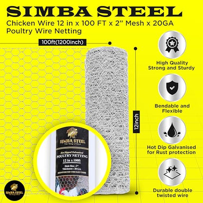 Chicken Wire 12 in x 100 FT x 2” Mesh x 20GA | Poultry Wire Netting | Hot Dipped Galvanised | Hexagonal Galvanized Mesh for Chicken Coop, Rabbit Cage, Fence Barrier PM12x100x2 - style: 12 in x 100 FT x 2 in