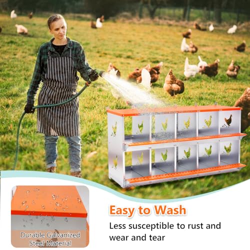 8-Bay Metal Chicken Nesting Box for Hens and Ducks, Wall-Mounted Galvanized Steel Coop Nest with Ventilation, Easy Assembly (10-Orange) - color: 10-Orange