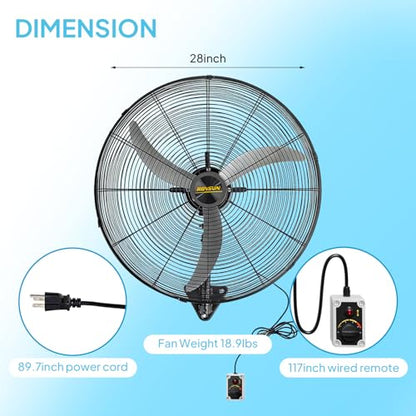 Bonnlo 26-inch Wall Mounted Fan with BLDC Motor & Remote Controller, High Velocity Outdoor Fan with Wired Remote, 4-Speed Industrial Wall Fan, Oscillating Wall-mount Fan for Garage, Gym, Patio - size: 26“