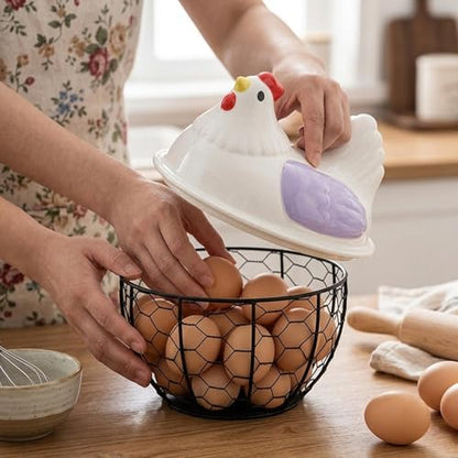 Chicken Egg Basket Metal Iron Wire Egg Collection Basket Vegetable Fruit Basket Farmhouse Decorative Storage with Ergonomic Handles Suitable for, Purple Lid