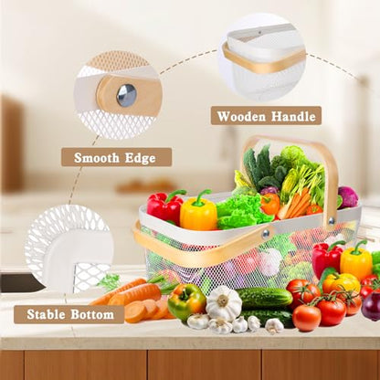 2 Pack Garden Harvest Basket, Metal Mesh Wire Picnic Basket with Handle, Rectangle Garden Baskets for Gathering Vegetables, Fruits, Kitchen, Home Cabinet Closet and Office (White) - color: White