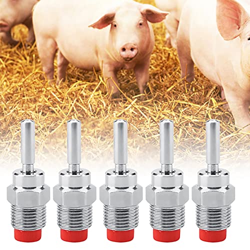 Stainless Steel Automatic Pig Nipple Drinker Waterer with Long Rod, Red Copper Cap, 5pcs for Sow Piglets, Sheep, Horse, Cattle, and Poultry - Farm Animal Waterer, Livestock Waterer