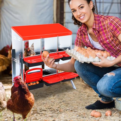 Chicken Nesting Boxes 6 Compartments Chicken Laying Boxes Roll Away Egg Collection Metal Poultry Nest Box with Perch and Lid Cover Free Standing Egg Laying Boxes for Hens Chicken - color: Red, size: 6 holes with legs