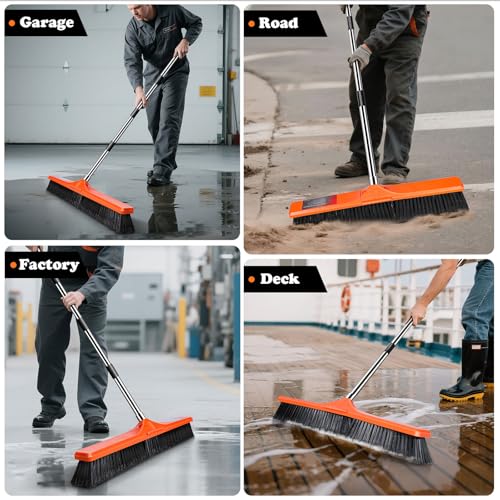MASTERTOP 24" Yard Broom, Heavy Duty Garden Broom with Stiff Bristles, Outdoor Sweeping Brush,Push Broom for Warehouse Garden Garage Factory Patio Deck Driveways - color: Push Broom Tangerine