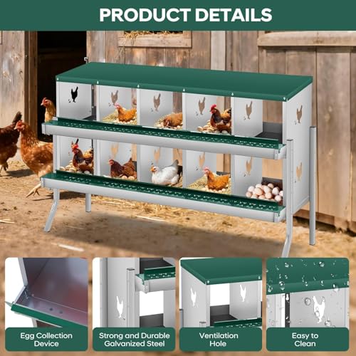 Roll Away & Ventilated Design - Metal Chicken Nesting Box for Small Animals - 10 Compartments, Galvanized Rustproof, Wall-Mounted, Easy Egg Collection, Ideal Coop Accessory - Green, 10 - color: Green