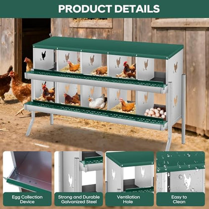 Roll Away & Ventilated Design - Metal Chicken Nesting Box for Small Animals - 10 Compartments, Galvanized Rustproof, Wall-Mounted, Easy Egg Collection, Ideal Coop Accessory - Green, 10 - color: Green