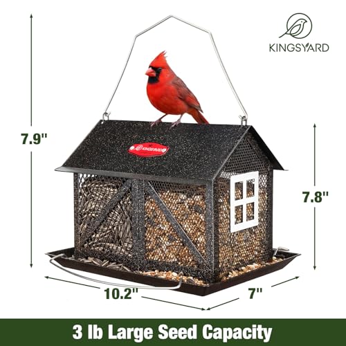 Kingsyard Metal Bird Feeder for Outdoors Hanging, 2-in-1 Wild Bird Feeder with Seed Tray & Built-in Perch, 5 lb Large Capacity for Cardinal Chickadee Finch, Black - color: Black