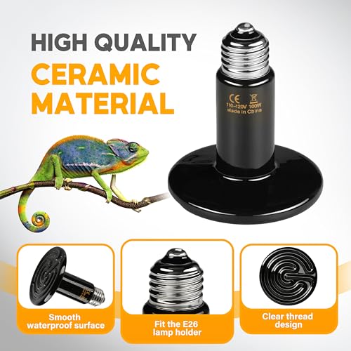 HealSmart 100W Reptile Heat Lamp Ceramic Heat Emitter, No Light Emitting Heat Bulbs, Suitable for Snake/Lizard/Spider, Plant Growth and Incubating Chicken, 2-Pack - size: 100 Watts, style: D-75mm (2.95") *2 Pcs