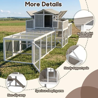 Extra Large Wooden Chicken Coop with Dual Runs for 6–10 Chickens, 2-Tier Elevated Hen House with Nesting Boxes, Expandable Connected Runs, Reinforced Frame, Slide-Out Tray, Grey - color: Grey
