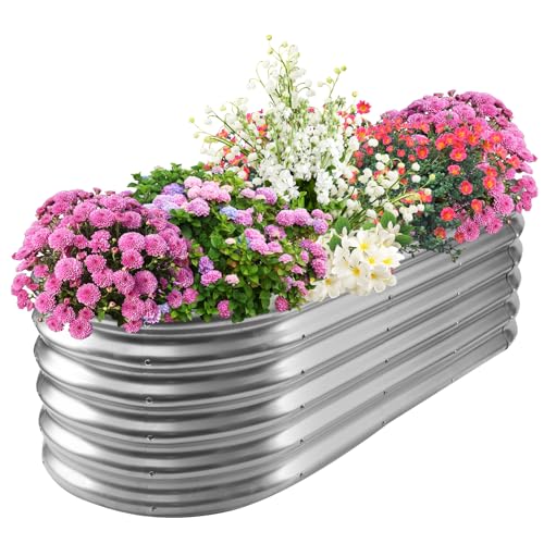 TBMLC 17" Tall Elevated Oval Metal Raised Garden Bed - 5ft x 2ft in Size and 0.8MM Thick Durable Planter Bed/Box for Vegetables Flowers Succulent at Patio/Garden Outdoor (Silver, 5X2X1.4 FT) - color: Silver, size: 5X2X1.4 FT