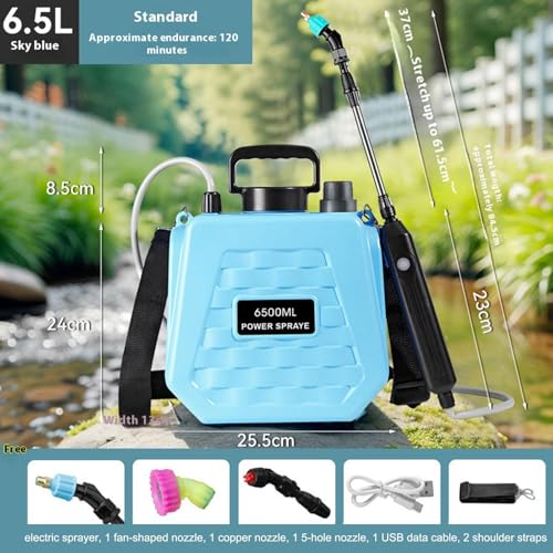 Garden Sprayer Battery Powered - Mister Watering Rechargeable - Electric Pump Sprayer with Adjustable Shoulder Strap | for Farm Lawn Yard Backyard Agriculture Plant Outdoor Home - color: 6.5L sky blue