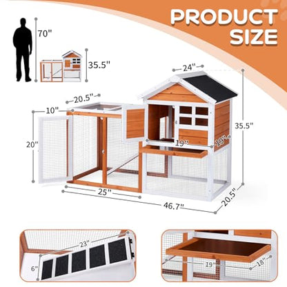 Outvita Rabbit Hutch, Small Wood Chicken Coop, 48" Guinea Pig Cage w/Pull-Out Tray, Waterproof Asphalt Roof, Chicken Run, Interactive Door for Small Animal Pen Outdoor