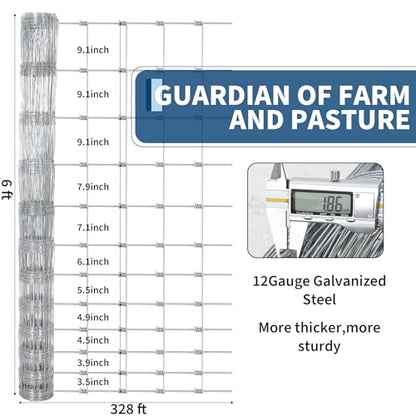 Livestock Fence, 6Ft x 328Ft Galvanized Wire Fencing, Cattle Farm Fence, Heavy Zinc Coated Deer Goat Cattle Fence for Farm Yard Livestock Protection - size: 6FT x 328FT