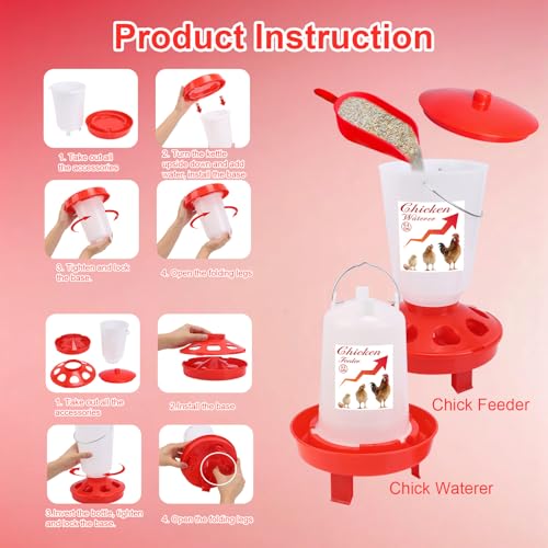 Chick Feeder and Waterer Set Top Fill 3.3LB Feeder and 0.4Gal Waterer with 3 Adjustable Heights Legs for Chicks