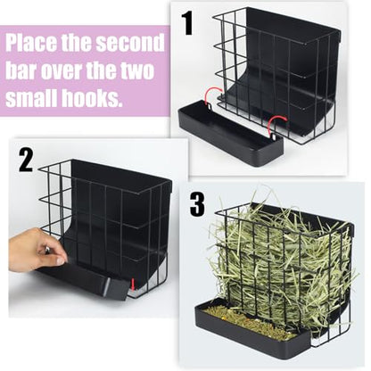 Rabbit Hay Feeder Guinea Pig Hay Holder with Hook Heavy-Duty Metal,Internal Sloping Design，Hay Feeder for Bunny,Rabbit，Chinchillas,Comes with Two Multifunctional Zippers - color: black, size: Large