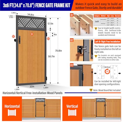 3x6FT (34.8" W X 70.8" H) 201 Stainless Steel Anti Sag Wooden Fence Gate Kit Heavy Duty Garden Gate Frame Hardware Kit Reinforcement (Left/Right Free-Installation) - size: W3xH6 FT-Geometric