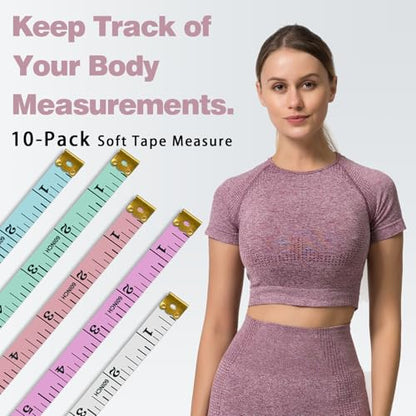 10-Pack Soft Tape Measure Double Scale Body Sewing Flexible Ruler for Weight Loss Medical Body Measurement Sewing Tailor Craft Vinyl Ruler, Pastel Pink Blue Green Purple White
