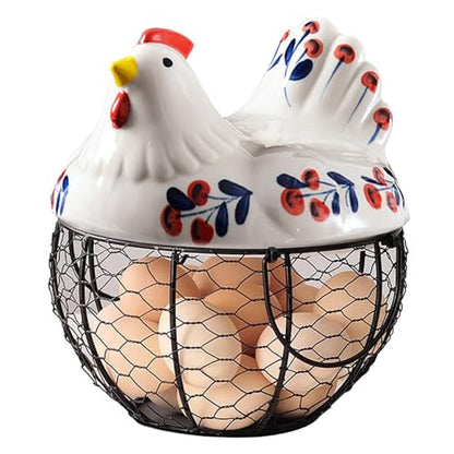 Ceramic Egg Holder, Hollow-Out Wire Chicken Egg Holder with Chicken Shaped Lid, Non Slip Basket Countertop with Handle for Gathering Fresh Eggs