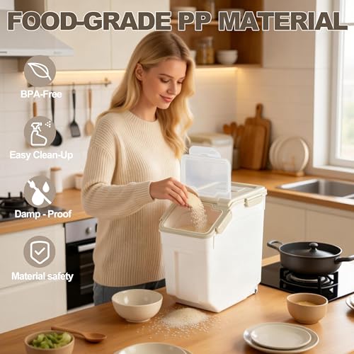RUIAN 2Pcs Large Flour Storage Container Bin 25Lb Airtight Rice Storage Containers with Wheels Seal Locking Lid, BPA Free with Measuring Cup&Scoop for Flour, Rice, Grain (Gray) - color: Gray 2Pack 25Lb