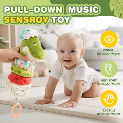 Jollybaby Baby Musical Pull String Hanging Toy for Stroller Car Seat Crib Play Gym, Plush Stuffed Dinasour Toy for Carseat with Music Teether Crinkle Paper, Sensory Toy for 0-6-12-18 Months Baby Gift - style: Dinosaur