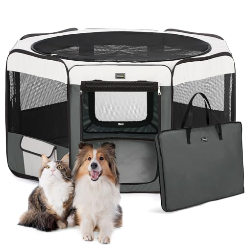 DONORO Dog Playpen Portable Pet Play Pens for Small Dog/Cat/Rabbit/Chicks, Cat Playpen Indoor/Outdoor with Carring Case, Removable Zipper Top and Bottom (Gray, Extra Large (55"x55"x30"), 8) - color: Gray, size: Extra Large (55"x55"x30")