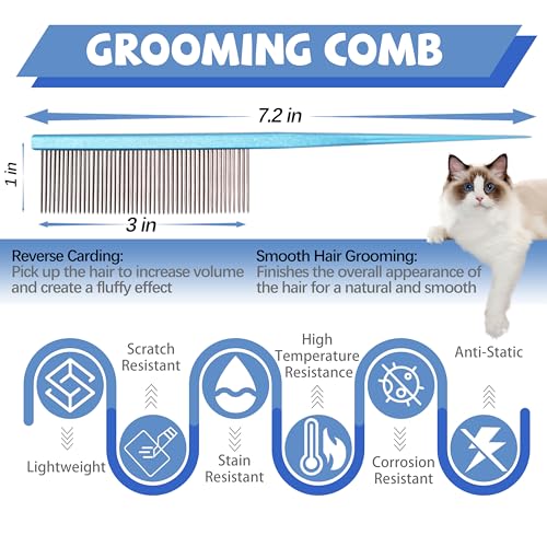 Grooming Pet Comb Rat Tail Dematting Cat and Dog Comb，Rounded Ends Design for Safe Tangle Removal, Hairstyling, Massage，Loose Hair Removal，Prevent Irritation，Fluffing Paws,Face,Tail,Remove Tear Stain - color: Blue