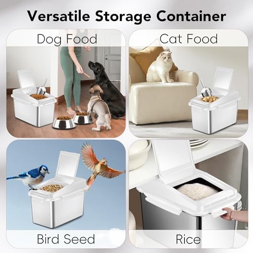 Newget Dog Food Storage Container Stainless Steel with Scoop, 16-lb/11-lb Airtight Metal Pet Food Storage Bin, Cat Food Container for Dry Dog, Cat Food, Bird Seed, Keep Food Fresh, White - color: B-White