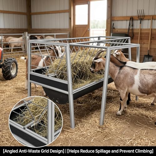 77 Gallon Hay Feeder, Stainless Steel Goat Feeder for Goats Sheep Calves and Horses, Anti-Waste Goat Feeder with Rubber Trough Livestock Feeder