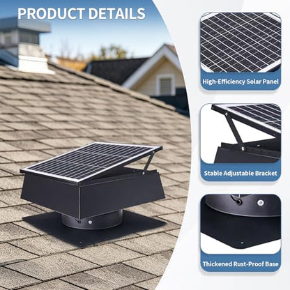 Solar Roof Vent Fan, 60W Dual Power Attic Fan with Thermostat &,A3 | 60W monocrystalline solar panel, dual power backup, 3-speed remote & 25°C auto-start, 2500m³/h high airflow, quiet <45dB - color: A3