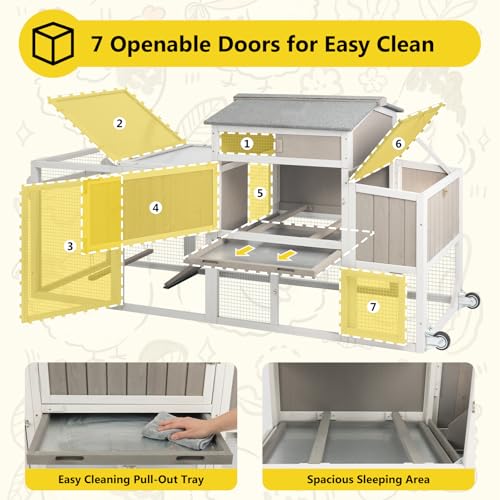 78" Wooden Chicken Coop with Nesting Box, Poultry Cage with Wheel Leak Proof Pull-on Tray and Asphalt Waterproof Roof, Hen House for Garden Backyard Farm - color: Grey, size: 25.6"L x 39.4"W x 77.4"H