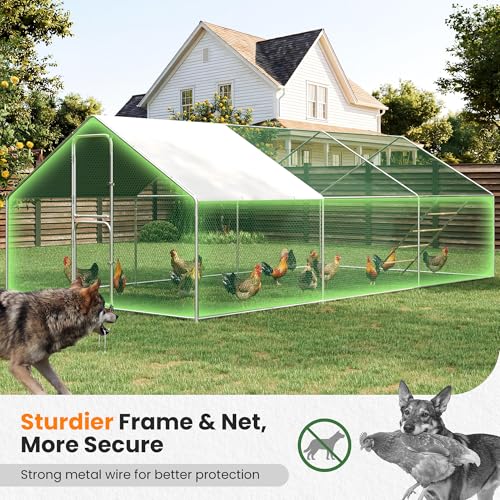 Walk-in Chicken Coops 10 x 20 Large Metal Chicken Runs with Waterproof Hardware Cloth Cover Poultry Cage with Split Double Door - color: Silver, size: 10'L × 20'W × 6.5'H