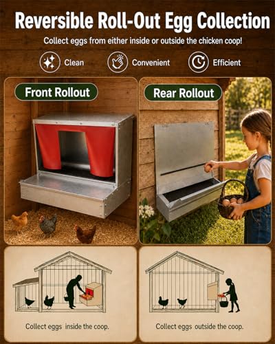 Roll Away Nesting Box with Roll Out Egg Collection, Reversible Nesting Boxes for Chickens, Metal Chicken Laying Boxes for Chicken Coop, Up to 20+ Hens, Easy Collection, Clean Eggs, Rustproof