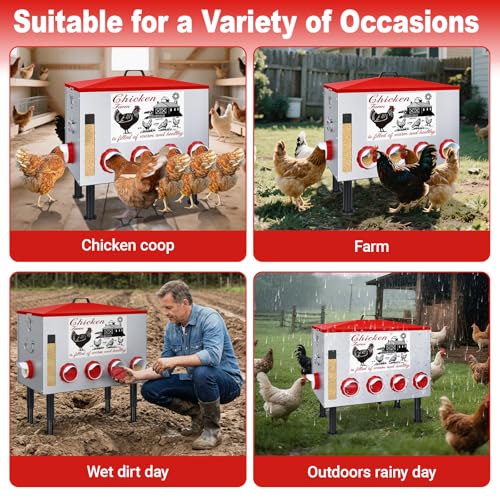 100Lb Automatic Chicken Feeder with Window 8 Port No Waste Rust-Proof Galvanized Steel with Locking Lid & Adjustable Height Legs Waterproof Portable Poultry Feeder for Chickens,Ducks,Geese - size: 100LB