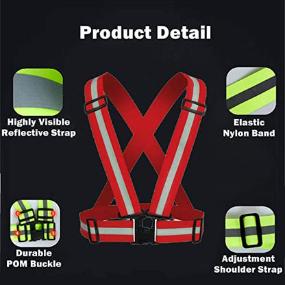 Reflective Strap Safety Vest Gear - 2-10 Pack Adjustable High Visible Reflective Running Gear for Women Men Night - color: Black+Red