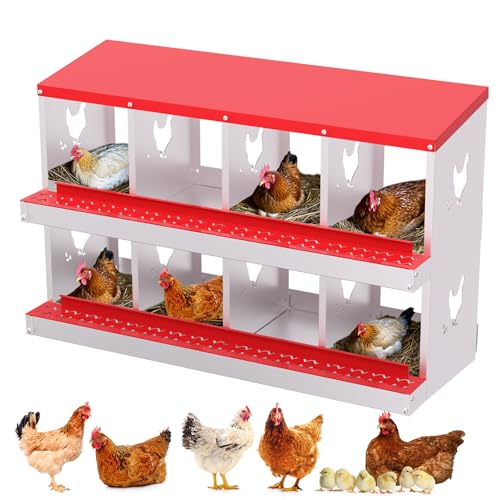 Chicken Nesting Box, 8 Compartment Metal Laying Box with Perch and Secure Lid, Wall Mounted or Free Standing Design for Hens, Easy Cleaning Chicken Coop Accessory,Red - color: Red, size: 8 holes
