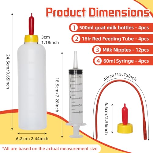24Pcs Lamb and Goat Kid Feeding Tube Kit Feeding Bottles | 4x500ml Bottles, 12 Nipples, 4x60ml Syringes & 16fr Tubes, For Lambs, Goat Kids, Puppies, Kittens, Piglets, Easy to Clean