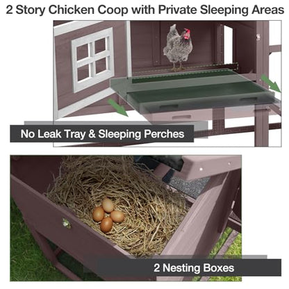 Mobile Chicken Coop with Wheels, Outdoor Hen House with Leak-Proof Tray, UV-Resistant Roof & Nesting Box for Chickens, Ducks, Rabbits (Brown) - color: Brown