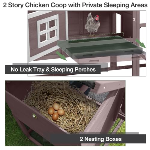 Mobile Chicken Coop with Wheels, Outdoor Hen House with Leak-Proof Tray, UV-Resistant Roof & Nesting Box for Chickens, Ducks, Rabbits (Brown) - color: Brown