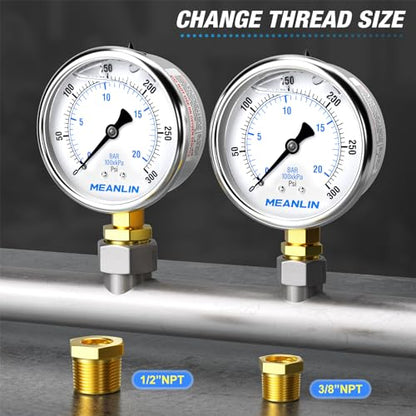 MEANLIN MEASURE 0~300Psi Stainless Steel 1/4" NPT 2.5" FACE DIAL Liquid Filled Pressure Gauge WOG Water Oil Air Lower Mount (Pack of 2), with 1/2" NPT and 3/8" NPT Hex Bushing - size: 0-300Psi (2Pcs)