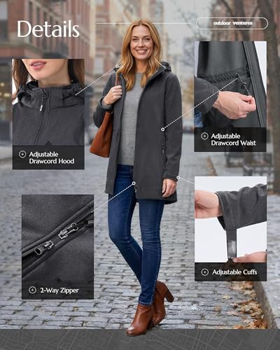 Outdoor Ventures Women's Softshell Jacket with Removable Hood Fleece Lined Windbreaker Insulated Long Warm Rain Jacket - color: Dark Grey Heather, size: X-Large