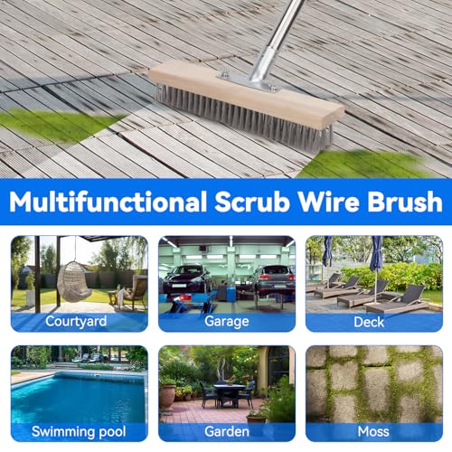Heavy Duty Wire Broom with 70.8" Telescopic Handle: Stainless Steel Outdoor Broom for Cleaning Moss Concrete Floors Grout Gardens Patio Deck Concrete Garage (Style 2) - color: Apricot- 70.8 Inch