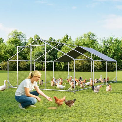 Aoxun Large Metal Chicken Coop, Outdoor Chicken Runs for Yard with Cover, Spire Roof Hen House Enclosure with Security Lock, Walk-in Cage Peak Hen House for Yard Farm (10x20x6.4 FT) - size: 240.0"L x 120.0"W x 76.8"H